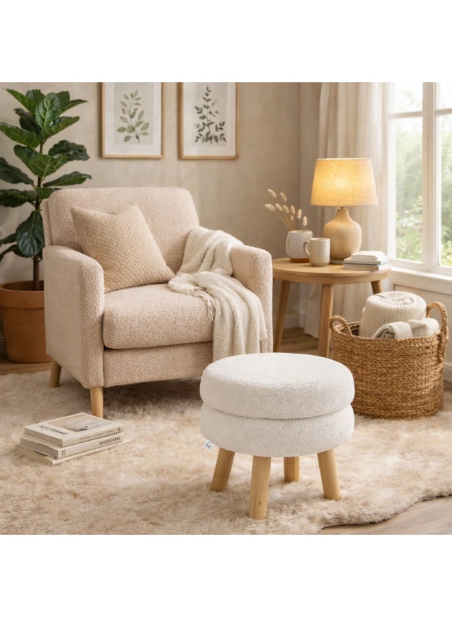 PixelsBeanBag Round Bouclé Fabric Ottoman Seat from PixelsBeanBag, with Wooden Legs, for the Living Room and Bedroom, Sukary - Image 1