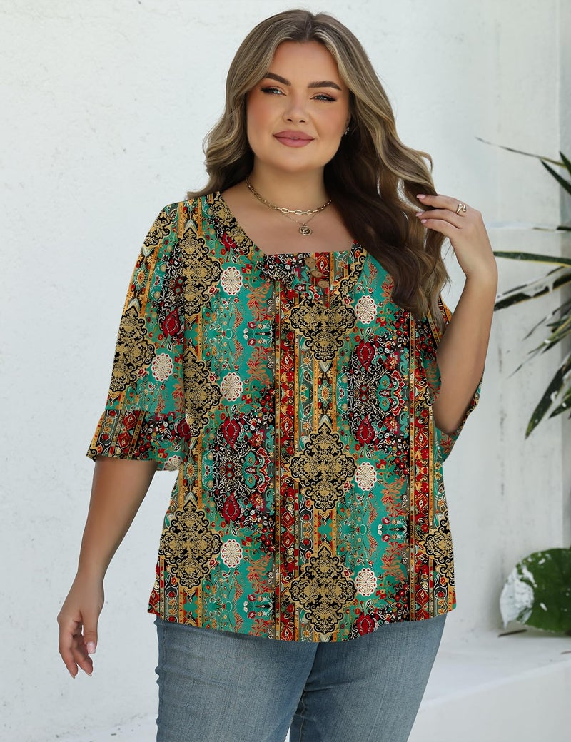 TFSDOD Plus Size 3/4 Length Sleeve Tops for Women to Hide V Neck Summer Fashion Shirts Pleated Ruffle Sleeve Blouses Blue Green Retro Print 3XL - Image 3