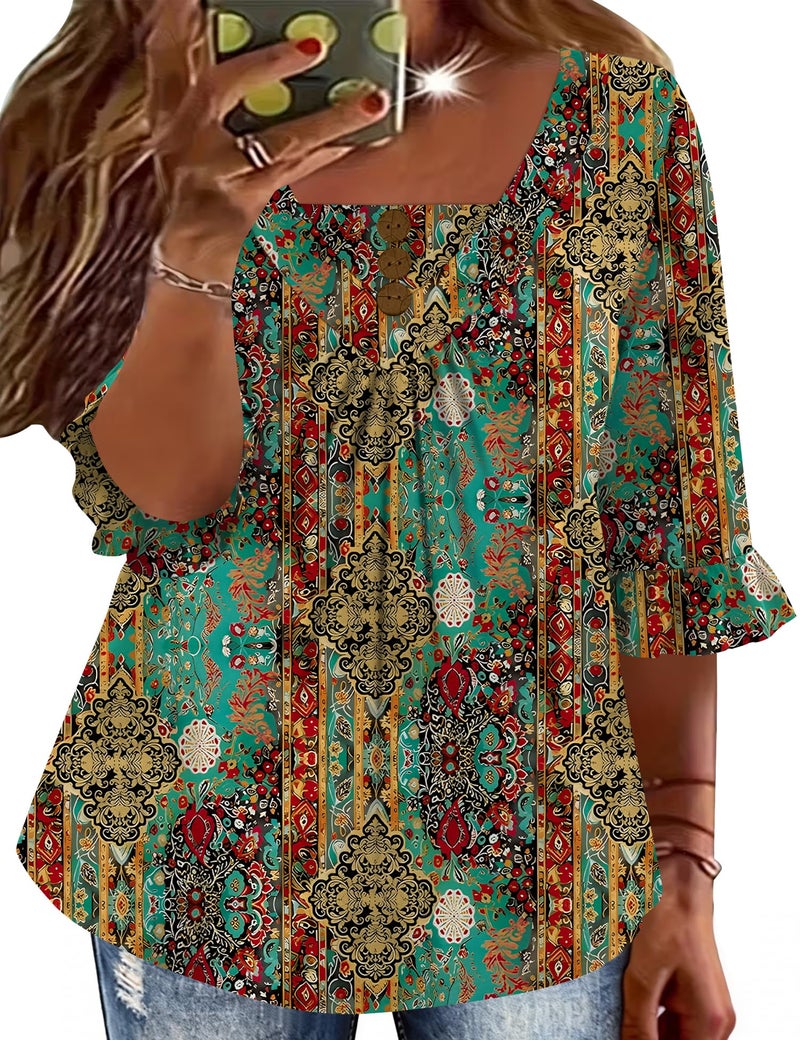 TFSDOD Plus Size 3/4 Length Sleeve Tops for Women to Hide V Neck Summer Fashion Shirts Pleated Ruffle Sleeve Blouses Blue Green Retro Print 3XL - Image 1
