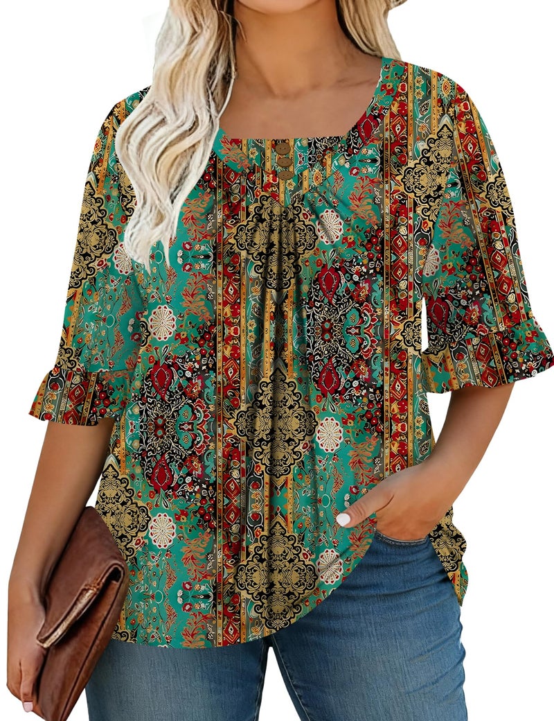 TFSDOD Plus Size 3/4 Length Sleeve Tops for Women to Hide V Neck Summer Fashion Shirts Pleated Ruffle Sleeve Blouses Blue Green Retro Print 3XL - Image 2