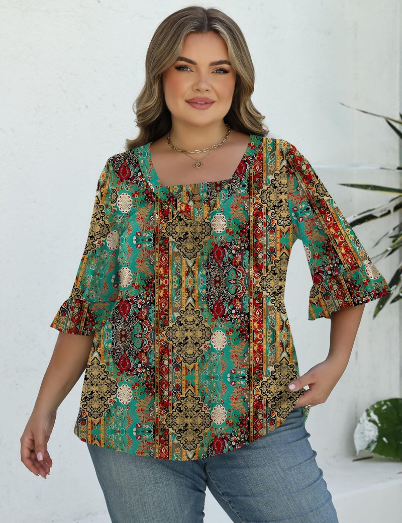 TFSDOD Plus Size 3/4 Length Sleeve Tops for Women to Hide V Neck Summer Fashion Shirts Pleated Ruffle Sleeve Blouses Blue Green Retro Print 3XL - Image 5