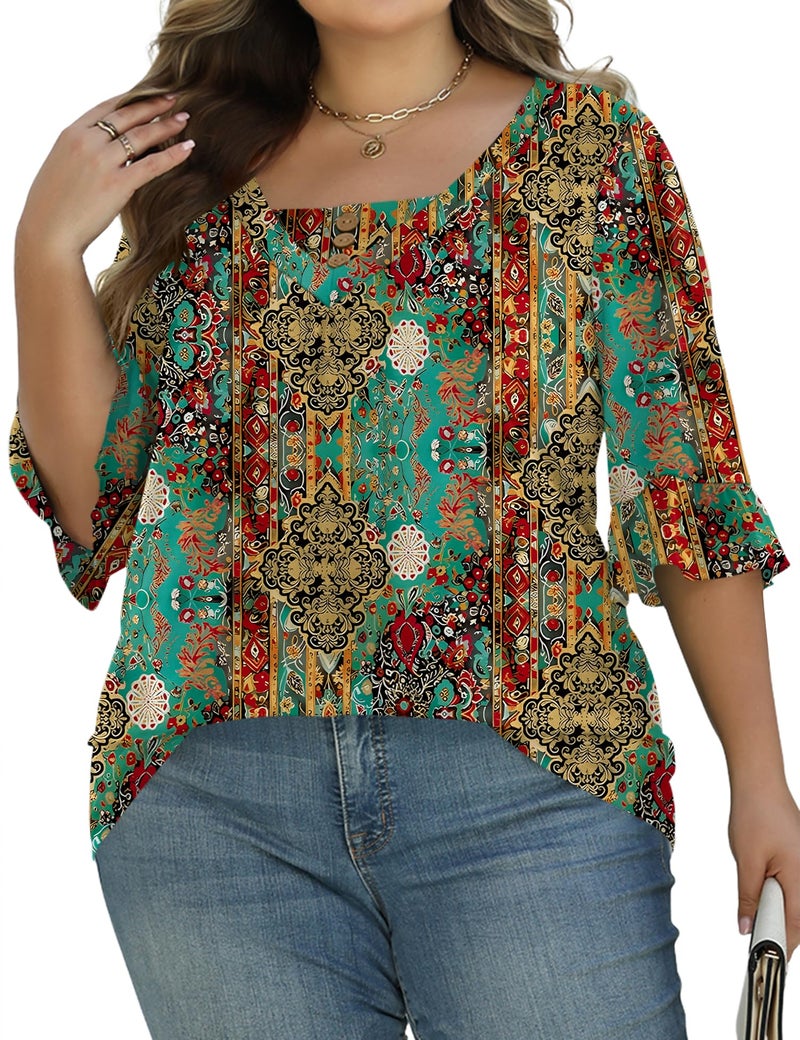 TFSDOD Plus Size 3/4 Length Sleeve Tops for Women to Hide V Neck Summer Fashion Shirts Pleated Ruffle Sleeve Blouses Blue Green Retro Print 3XL - Image 4