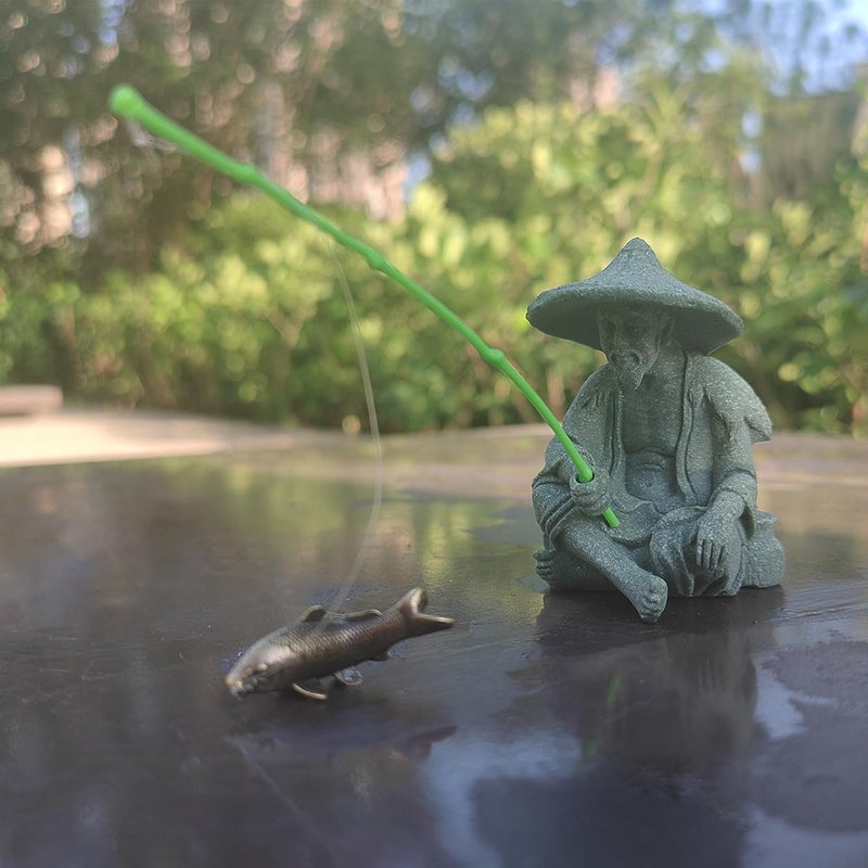 livelyfish Mini Fisherman Statue Asian Zen Decoration Sitting Fishing Figurines Sandstone Vintage Ornament for Aquarium Fish Tank Pot Garden Home Japanese Decor, C - Image 4