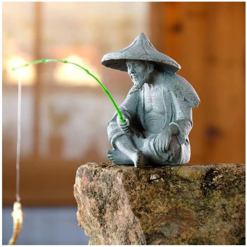 livelyfish Mini Fisherman Statue Asian Zen Decoration Sitting Fishing Figurines Sandstone Vintage Ornament for Aquarium Fish Tank Pot Garden Home Japanese Decor, C - Image 1
