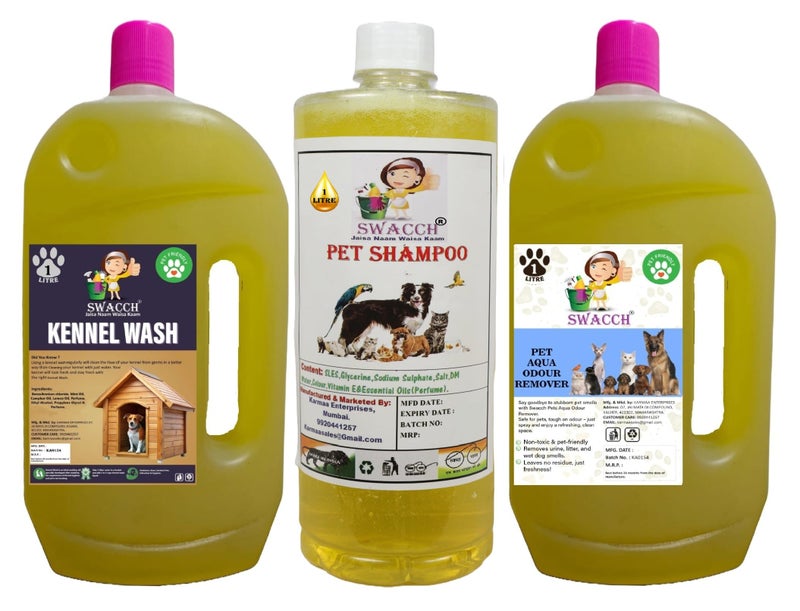 swacch Kennel Wash + Pet Shampoo I Pet Aqua Odour Remover 1 Litre Combo Pack of 3 (Lemon) Economical Pack I Dog and Cat Friendly - Image 1