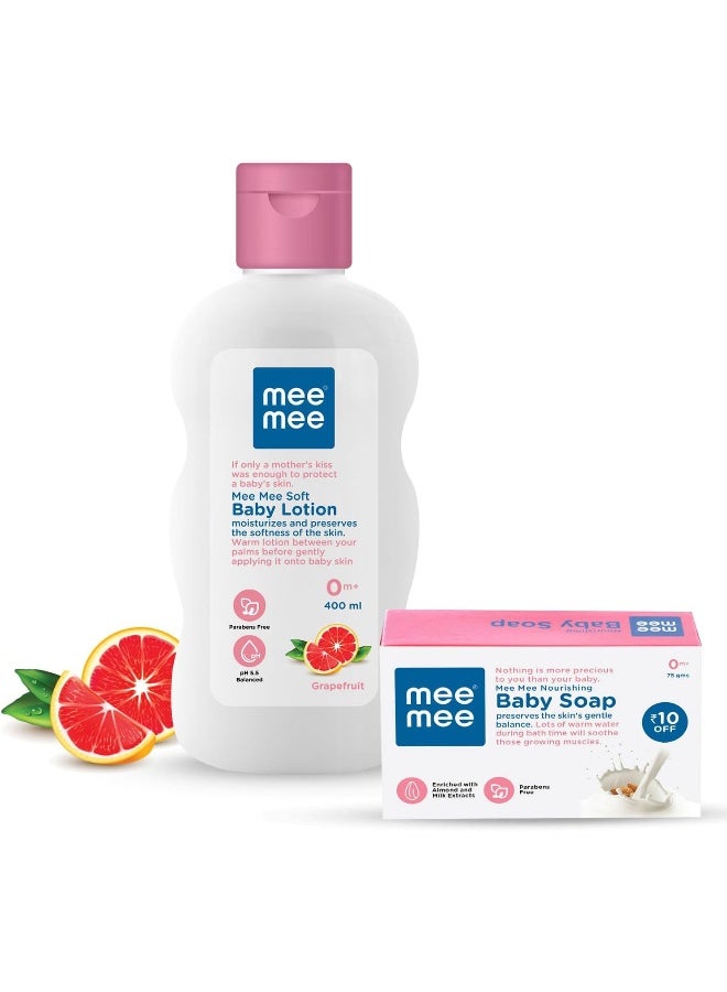 Mee Mee Moisturising Baby Lotion with Fruit Extracts, 500ml and Nourishing Baby Soap with Almond and Milk Extracts, 75g - Image 1