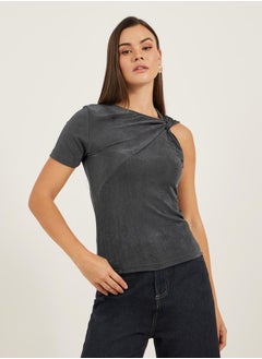 Styli Textured Asymmetrical Neck One Sleeve Top  - Image 3