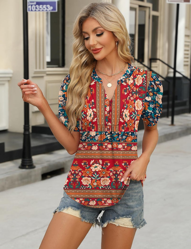 IECCP Womens Blouses Dressy Casual Puff Sleeve Tops Henley V Neck Boho Tops 2025 Summer Fashion Pleated Shirts (Red Blue Print,L) - Image 3
