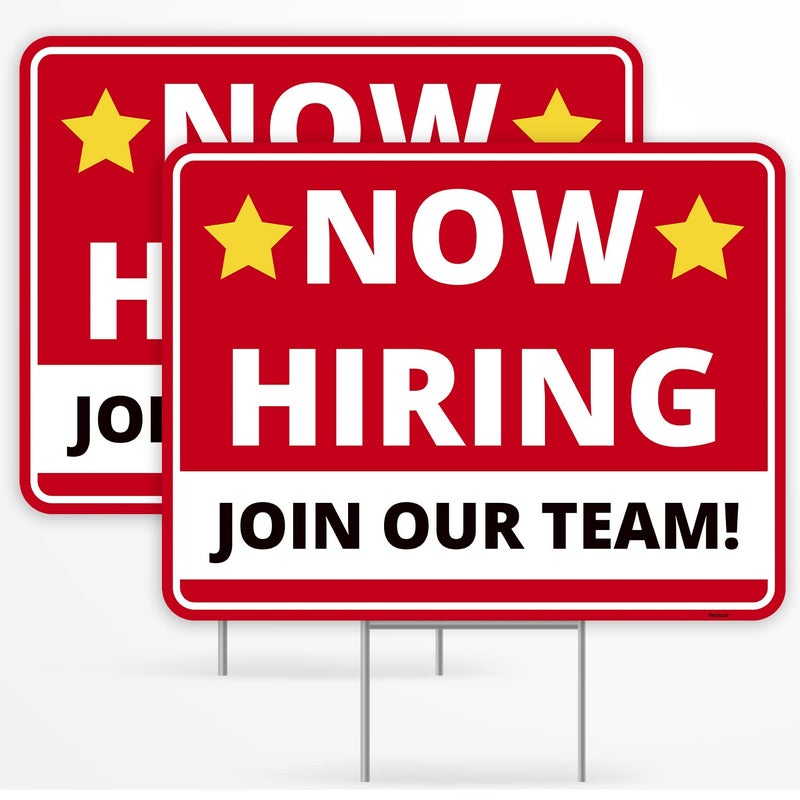 2PC Now Hiring Sign with Stake 17 Inches by 13 Inches Double Sided Signs Corrugated Plastic Help Wanted Hiring Signs for Business