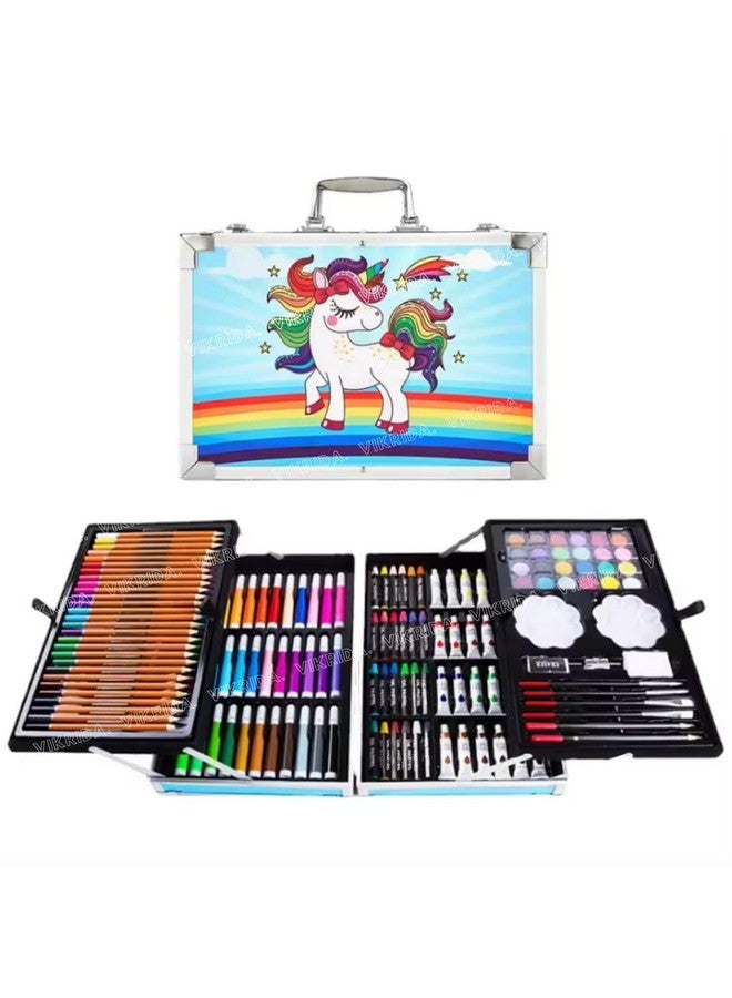 VikriDA Unicorn Big Coloring Suitcase - Art & Craft Painting Box - 145Pieces Color Kit (Water Color, Pastel Color, Sketches & Acrylic Paint Brush), Blue - Image 1