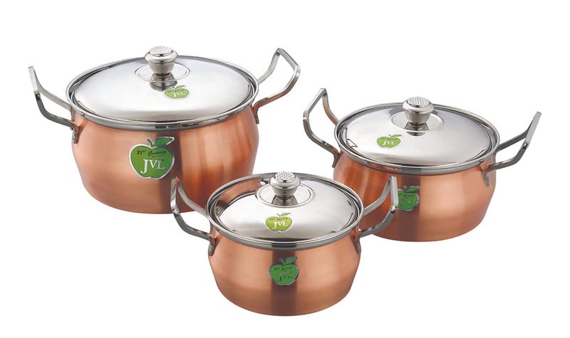 JVL Stainless Steel Full Copper PotHandi with Lid Handle Set 850 1300 2200 ml 3Piece Full Copper Handi Set for Cooking Handi for Cooking and Serving JVLAPFC1 - Image 1
