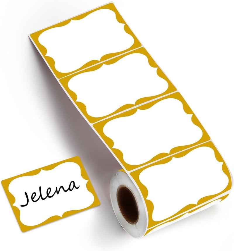 labelon Gold Name Tags,2"x 3" Name Tag Stickers roll with Gold Border 200 Pcs Adhesive Name Tags Sticker Name Badges Labels for School, Office, Home, Party, Conferences, New Year - Image 1