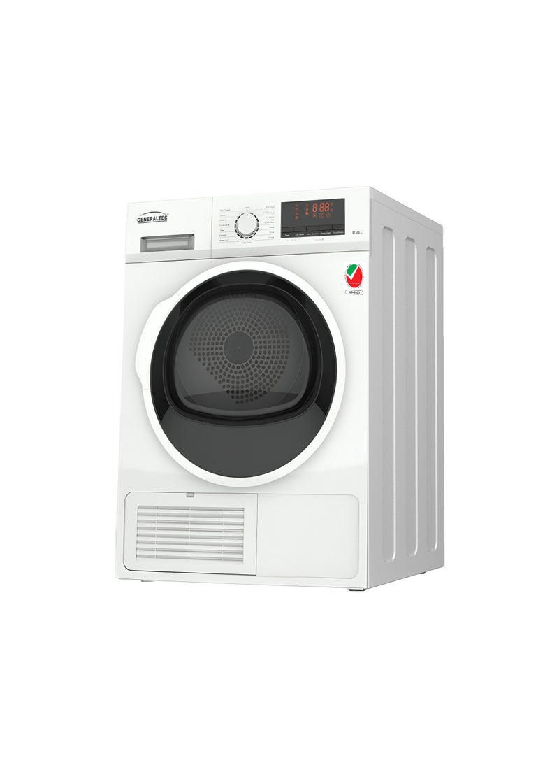 Generaltec 8 KG Front Load 100% Condenser Dryer with 15 Programs, Galvanized Drum, Digital Display, Energy-Efficient - Model GTCD8K 2500 W GTCD8K White