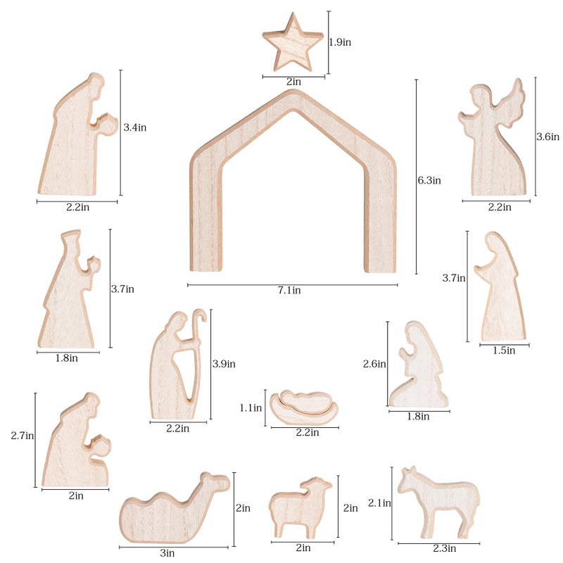 NEROSUN Nativity Scene Set, 13Pcs Wooden Christmas Nativity Scene Miniature Holy Family Figurines, Minimalism Boho Tabletop Christmas Manger Decorations for Indoor Home Mantel Display - Image 3