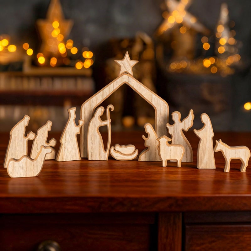 NEROSUN Nativity Scene Set, 13Pcs Wooden Christmas Nativity Scene Miniature Holy Family Figurines, Minimalism Boho Tabletop Christmas Manger Decorations for Indoor Home Mantel Display - Image 1