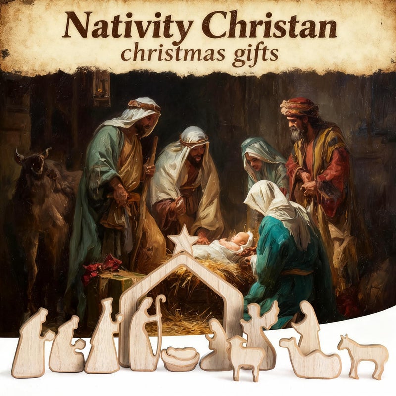 NEROSUN Nativity Scene Set, 13Pcs Wooden Christmas Nativity Scene Miniature Holy Family Figurines, Minimalism Boho Tabletop Christmas Manger Decorations for Indoor Home Mantel Display - Image 2