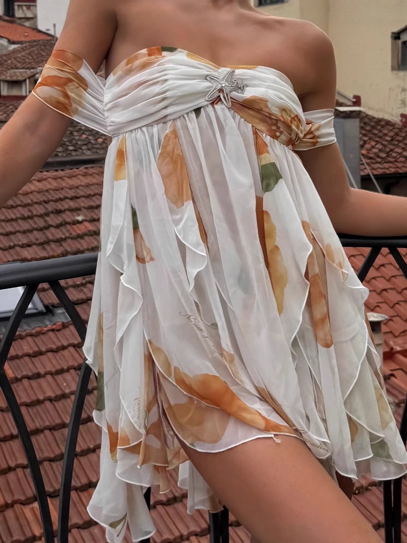 2026 New Style Chiffon Printed French-Style Strapless Fairy Dress Holiday Style Backless Short Dress - Image 3
