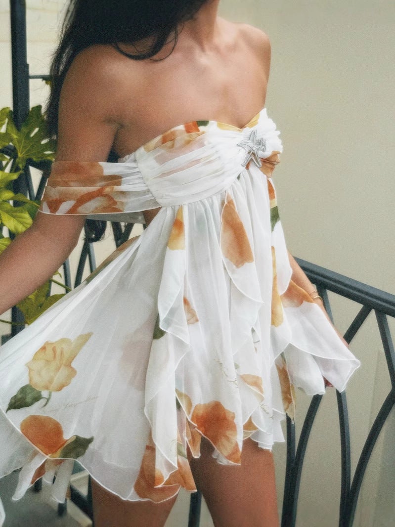 2026 New Style Chiffon Printed French-Style Strapless Fairy Dress Holiday Style Backless Short Dress - Image 2