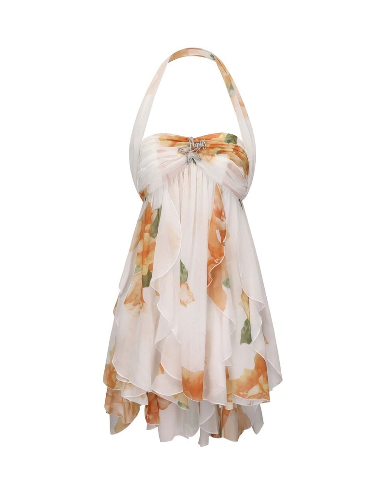 2026 New Style Chiffon Printed French-Style Strapless Fairy Dress Holiday Style Backless Short Dress - Image 1