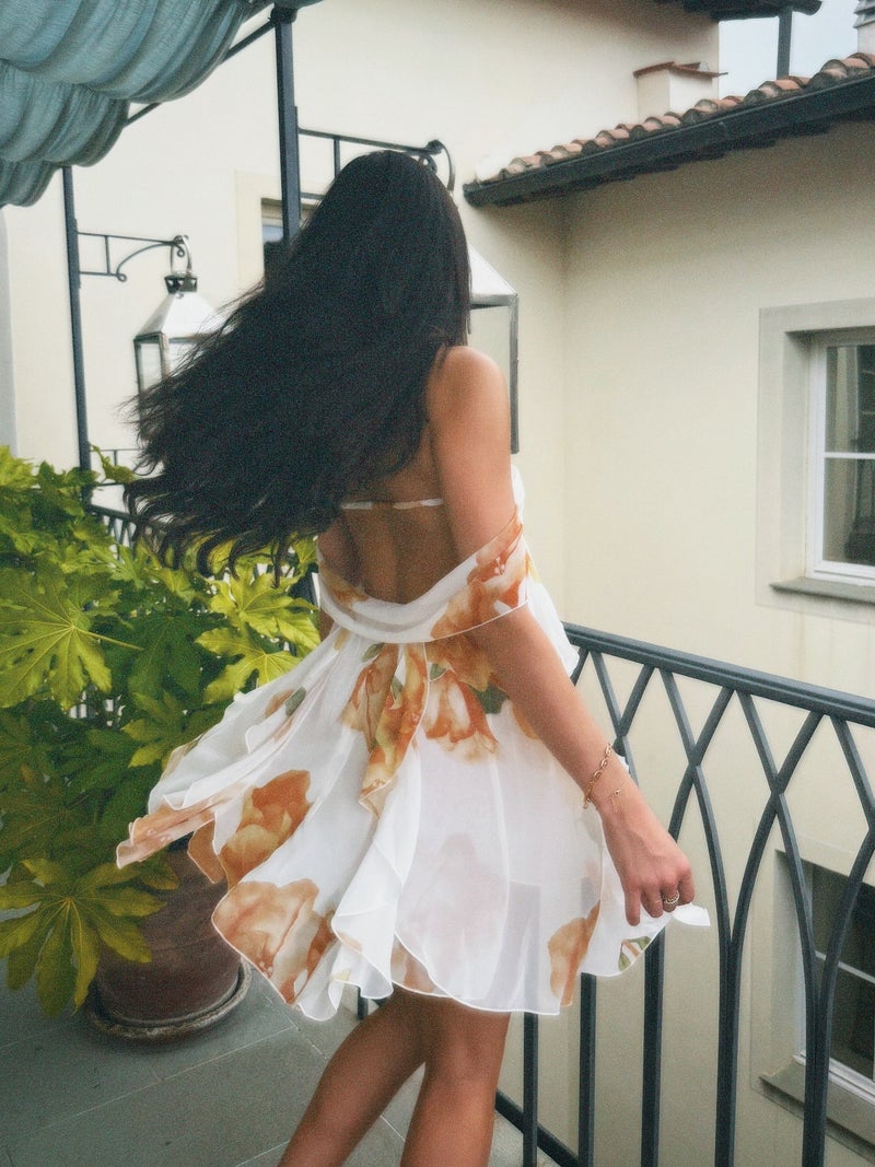 2026 New Style Chiffon Printed French-Style Strapless Fairy Dress Holiday Style Backless Short Dress - Image 4