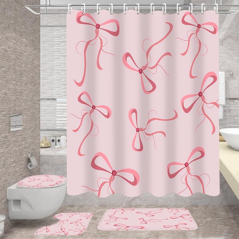 AZHM 4Pcs Pink Bow Shower Curtain Set Cute Bathroom Shower Curtains with 12 Hooks Bow Knot Aesthetic Bathroom Sets with Shower Curtain and Accessories - Image 4