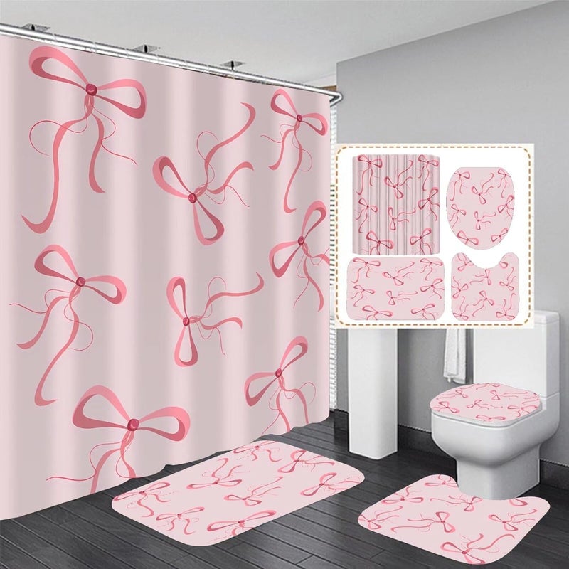 AZHM 4Pcs Pink Bow Shower Curtain Set Cute Bathroom Shower Curtains with 12 Hooks Bow Knot Aesthetic Bathroom Sets with Shower Curtain and Accessories - Image 1