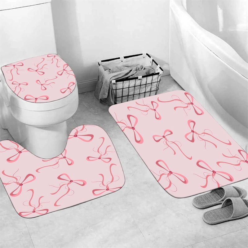 AZHM 4Pcs Pink Bow Shower Curtain Set Cute Bathroom Shower Curtains with 12 Hooks Bow Knot Aesthetic Bathroom Sets with Shower Curtain and Accessories - Image 3