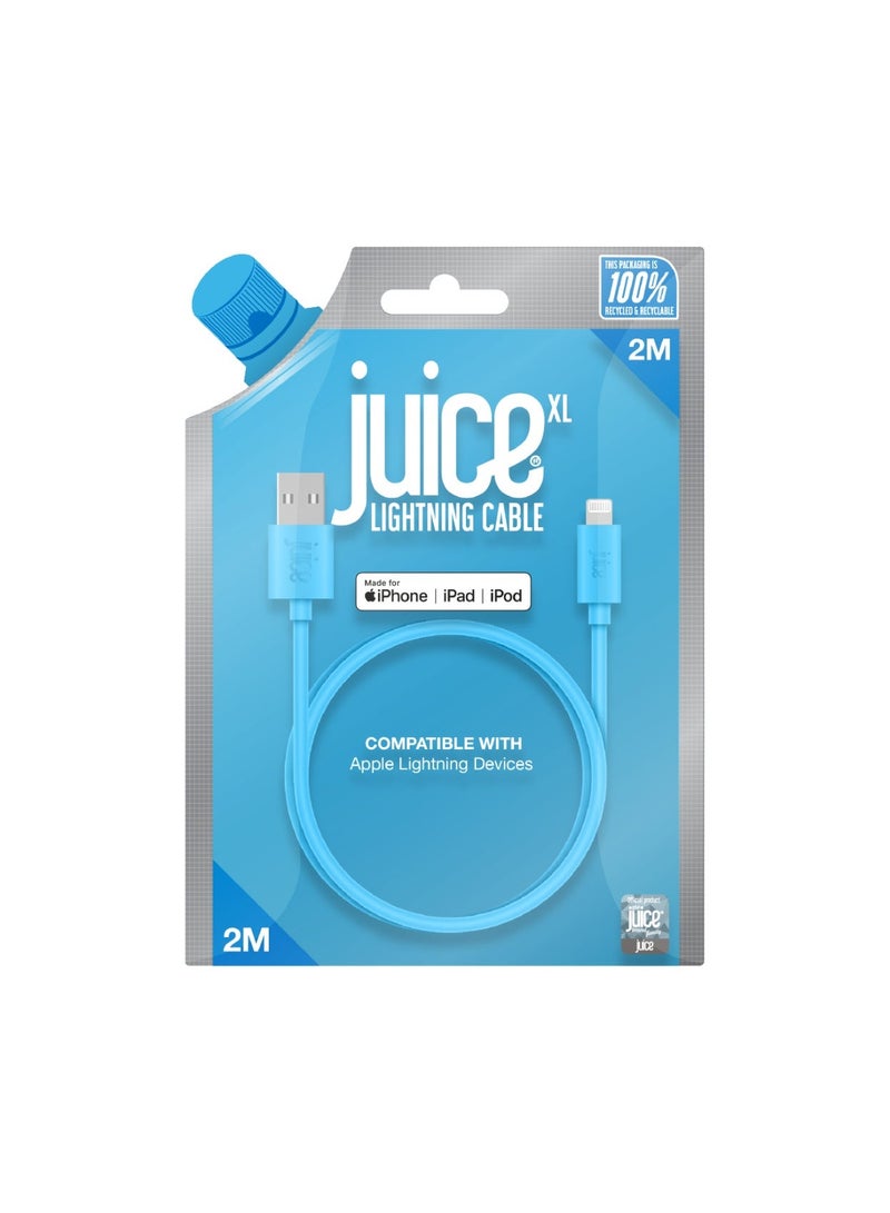 جوس كابل JUICE USB-A إلى Apple Lightning، مصنوع من مادة TPE معاد تدويرها بنسبة 100% ومعزّز للمتانة، يدعم الشحن ونقل البيانات، معتمد من MFI للشحن السريع، متوافق مع أحدث الطرازات: iPhone 17 و16 و15 و14 و13 و12 و11 Pro Max وXR وXS وX و8 وSE، بالإضافة إلى iPad، بطول 2 متر، باللون الأزرق المائي (Aqua). - Image 1
