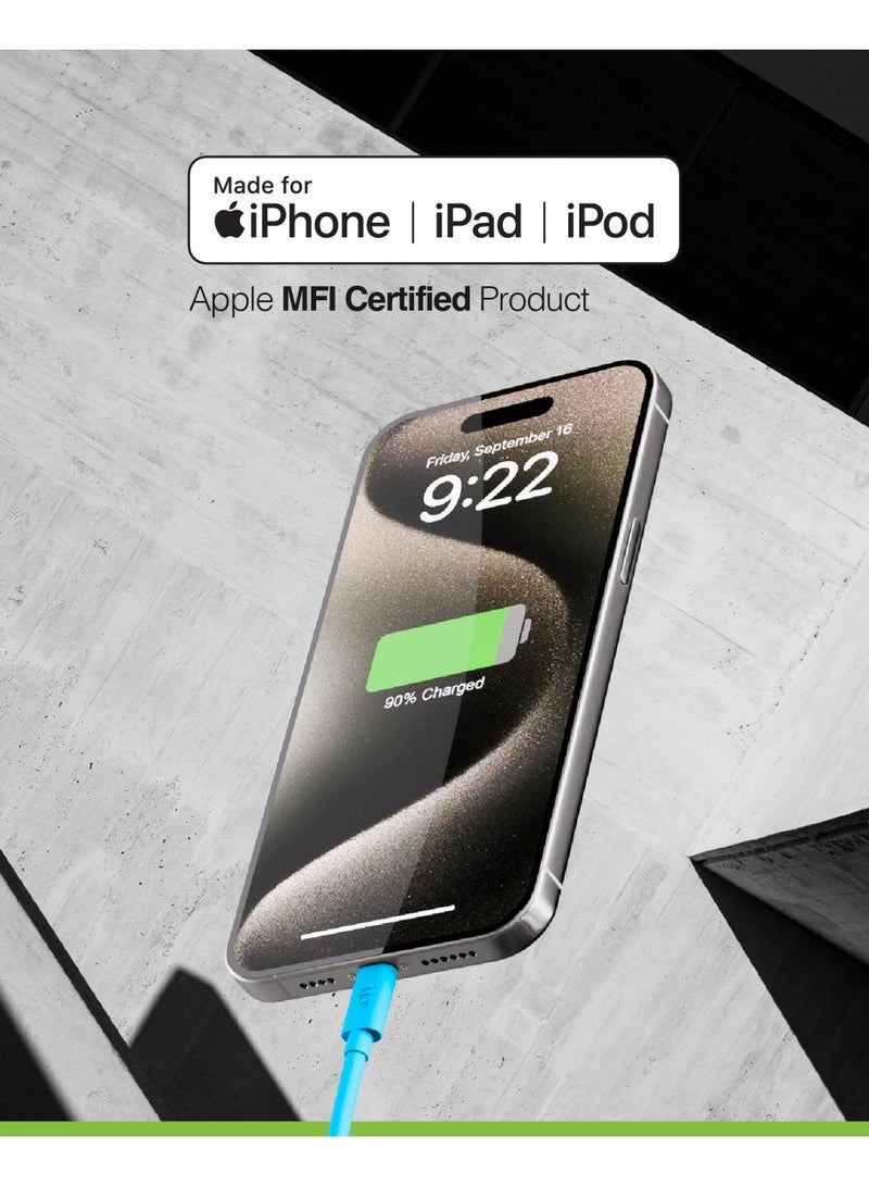 جوس كابل JUICE USB-A إلى Apple Lightning، مصنوع من مادة TPE معاد تدويرها بنسبة 100% ومعزّز للمتانة، يدعم الشحن ونقل البيانات، معتمد من MFI للشحن السريع، متوافق مع أحدث الطرازات: iPhone 17 و16 و15 و14 و13 و12 و11 Pro Max وXR وXS وX و8 وSE، بالإضافة إلى iPad، بطول 2 متر، باللون الأزرق المائي (Aqua). - Image 2
