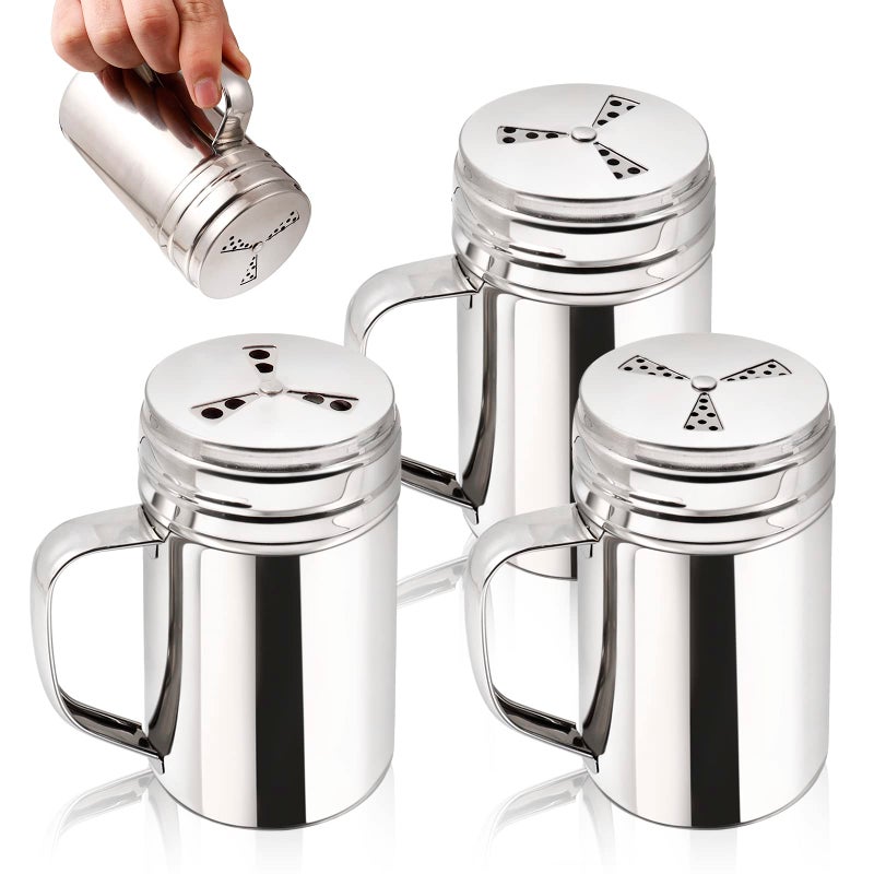 Dualshine 3Pcs Seasoning Bottle with Handle Stainless Steel Dredge Shaker Rub Spice with Holes Powdered Sugar Shaker with Lid Shaker Cooking Rotatable Cover for Spice Salt Shaker Dispenser 
