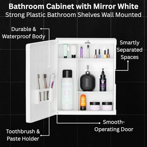 Well Set New Rich Look Bathroom Cabinet with Mirror White | Storage Organiser | Strong Plastic Bathroom Shelves Wall Mounted | Mirror Cabinet- (Made in India) - Image 2