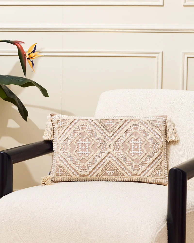 REDTAG Ivory and Beige And Geometric Embroidered Cushion
