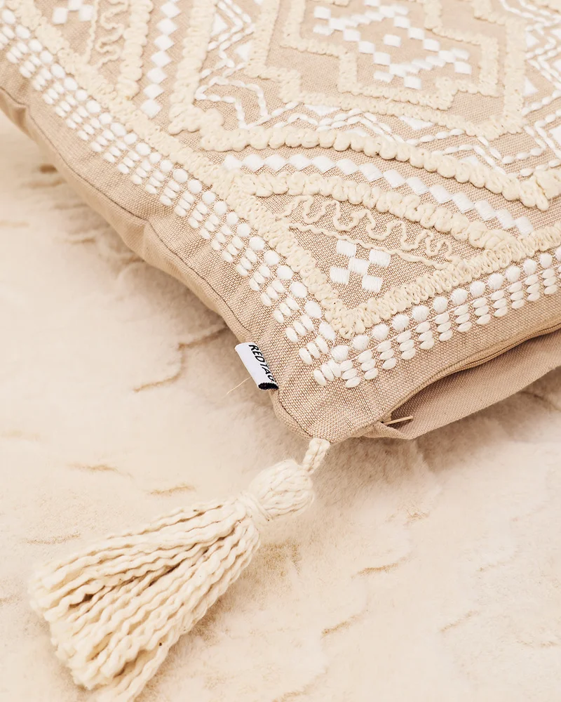 REDTAG Ivory and Beige And Geometric Embroidered Cushion