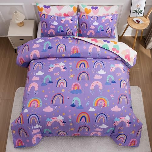 Btargot Lightweight Soft 3 Piece Rainbow Comforter Set with 2 Pillow Covers Cartoon Love Hearts Flowers and Sun Star Bedding Set for Girls Boys Kids Full Dark Purple - Image 1
