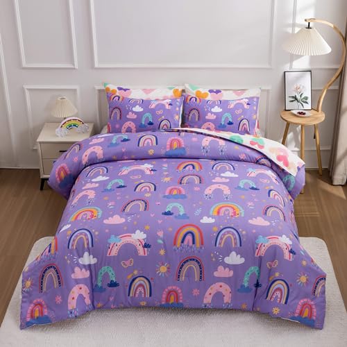 Btargot Lightweight Soft 3 Piece Rainbow Comforter Set with 2 Pillow Covers Cartoon Love Hearts Flowers and Sun Star Bedding Set for Girls Boys Kids Full Dark Purple - Image 3