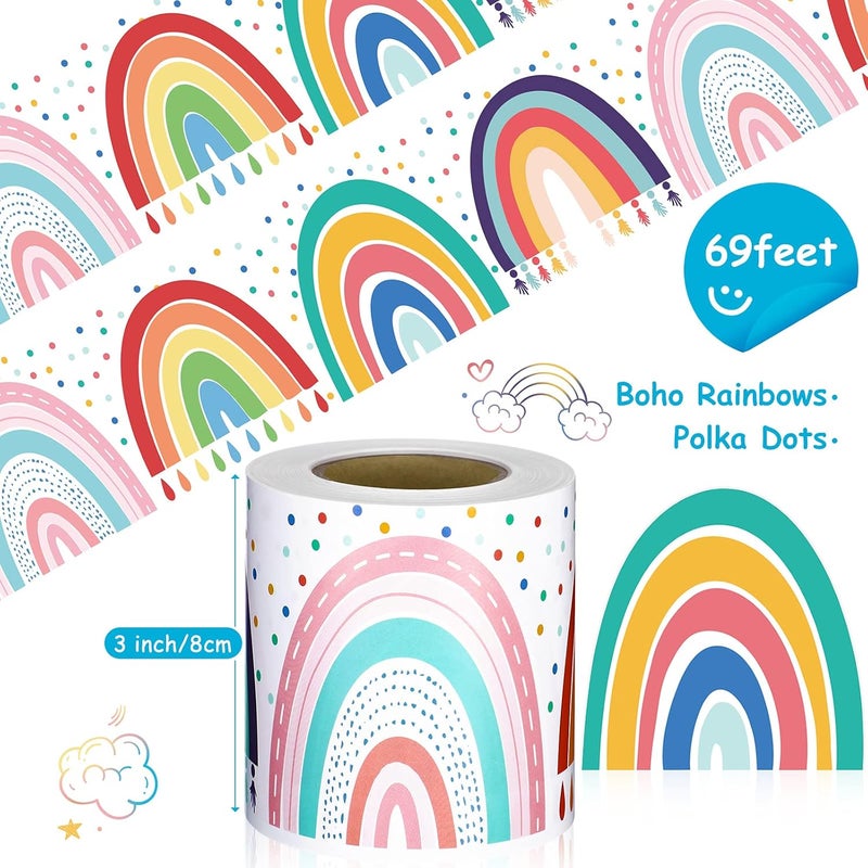 كلاراكو حدود لوحة إعلانات قوس قزح بطول 69 قدمًا، حدود قوس قزح مستقيمة مع قلوب، ملصقات جدارية للوحات الإعلانات في الفصول الدراسية، حواف ذاتية اللصق لتزيين المنزل والمدرسة (بأسلوب أنيق) - Image 3