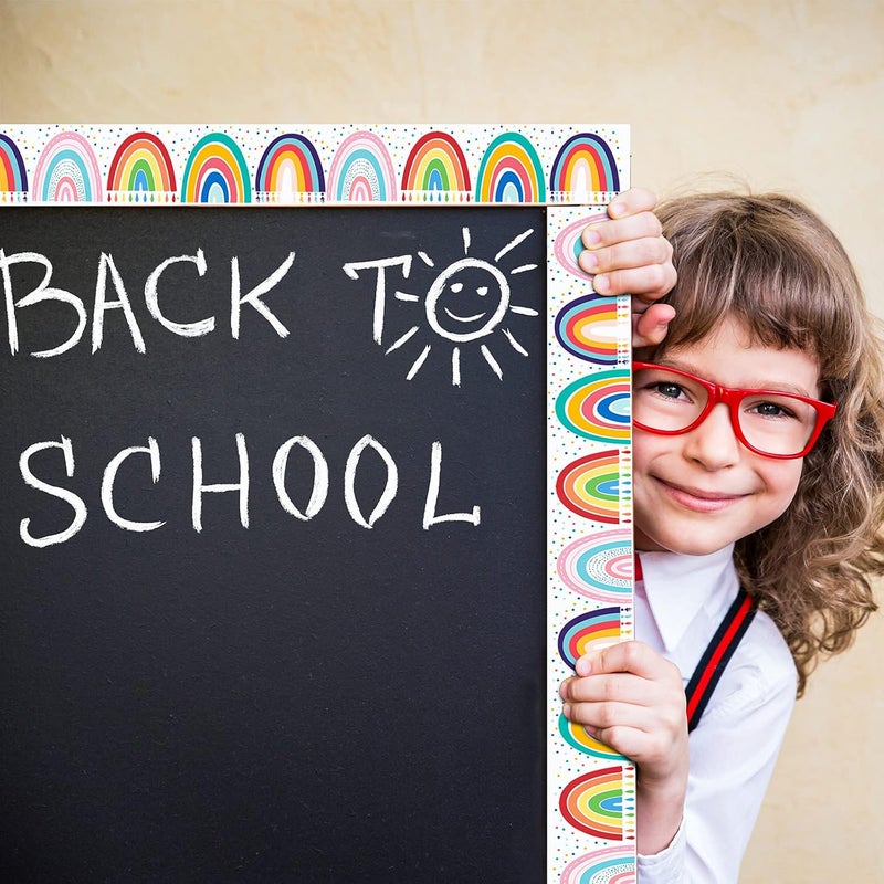 كلاراكو حدود لوحة إعلانات قوس قزح بطول 69 قدمًا، حدود قوس قزح مستقيمة مع قلوب، ملصقات جدارية للوحات الإعلانات في الفصول الدراسية، حواف ذاتية اللصق لتزيين المنزل والمدرسة (بأسلوب أنيق) - Image 5