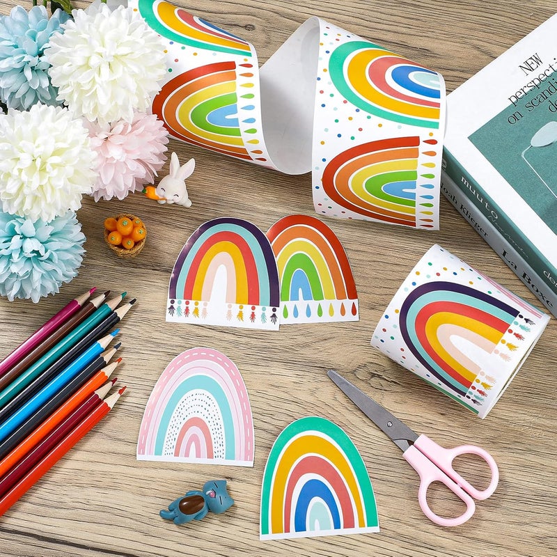 كلاراكو حدود لوحة إعلانات قوس قزح بطول 69 قدمًا، حدود قوس قزح مستقيمة مع قلوب، ملصقات جدارية للوحات الإعلانات في الفصول الدراسية، حواف ذاتية اللصق لتزيين المنزل والمدرسة (بأسلوب أنيق) - Image 4
