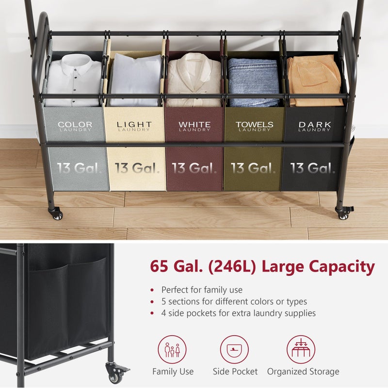 Tajsoon Laundry Sorter Cart with Hanging Rack, 5 Section Laundry Hamper, 246L (65 Gal.) Laundry Basket with Wheels, Removable Hamper Organizer for Dirty Clothes Bathroom Cloakroom, 5 Colors - Image 4