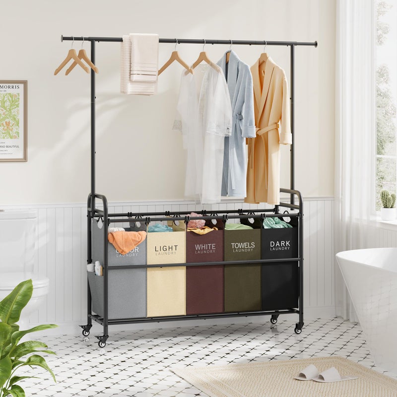 Tajsoon Laundry Sorter Cart with Hanging Rack, 5 Section Laundry Hamper, 246L (65 Gal.) Laundry Basket with Wheels, Removable Hamper Organizer for Dirty Clothes Bathroom Cloakroom, 5 Colors - Image 2