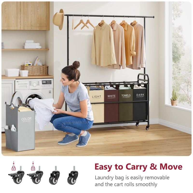 Tajsoon Laundry Sorter Cart with Hanging Rack, 5 Section Laundry Hamper, 246L (65 Gal.) Laundry Basket with Wheels, Removable Hamper Organizer for Dirty Clothes Bathroom Cloakroom, 5 Colors - Image 5