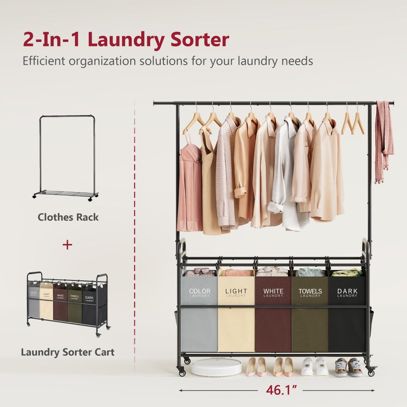 Tajsoon Laundry Sorter Cart with Hanging Rack, 5 Section Laundry Hamper, 246L (65 Gal.) Laundry Basket with Wheels, Removable Hamper Organizer for Dirty Clothes Bathroom Cloakroom, 5 Colors - Image 3