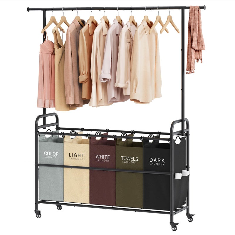 Tajsoon Laundry Sorter Cart with Hanging Rack, 5 Section Laundry Hamper, 246L (65 Gal.) Laundry Basket with Wheels, Removable Hamper Organizer for Dirty Clothes Bathroom Cloakroom, 5 Colors - Image 1