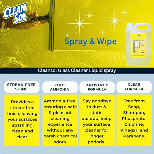 Cleansol Glass Cleaner Spray – Lemon Fragrance | Streak-Free, Non-Toxic, Ammonia-Free, Eco-Friendly Multi-Surface Cleaner for Windows, Mirrors, Car Windshields, Kitchen & Home Cleaning - 5 ltr - Image 3