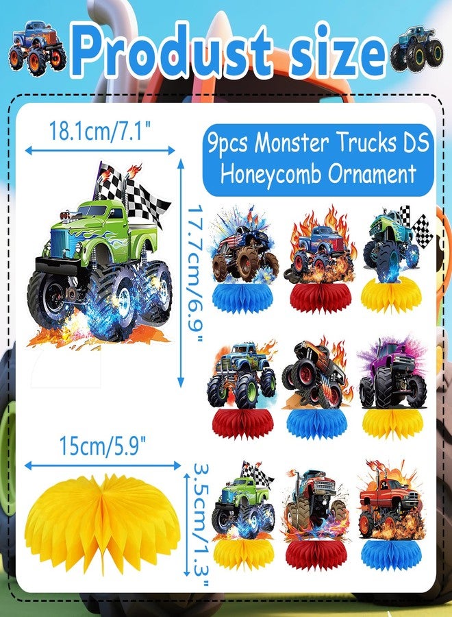KEFAN 9 PCS Monster Truck Birthday Honeycomb Centerpieces, Cute Monster Truck Table Centerpieces for Birthday Party Baby Shower - Image 2