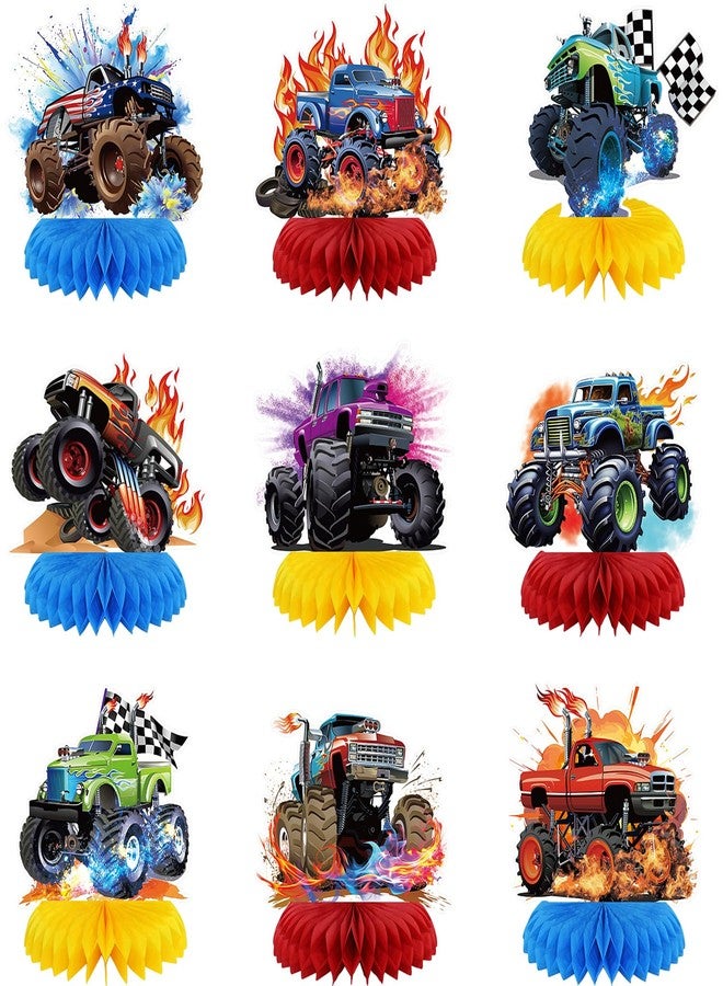 KEFAN 9 PCS Monster Truck Birthday Honeycomb Centerpieces, Cute Monster Truck Table Centerpieces for Birthday Party Baby Shower - Image 1