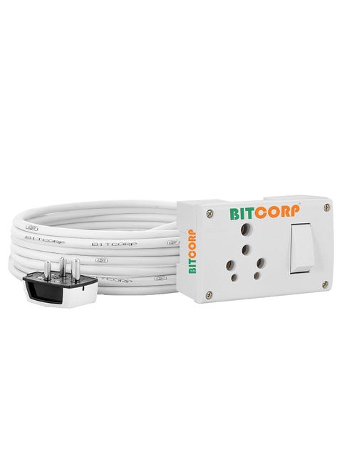 Bitcorp Extension Box 15A 16A 20A Amp 1 Way 3 Pin Plug and 1 Switch 2500W 20 Meter Long Length Cable Cord Compatible with Ac Refrigerator Washing Machine Microwave and Heavy Appliances White