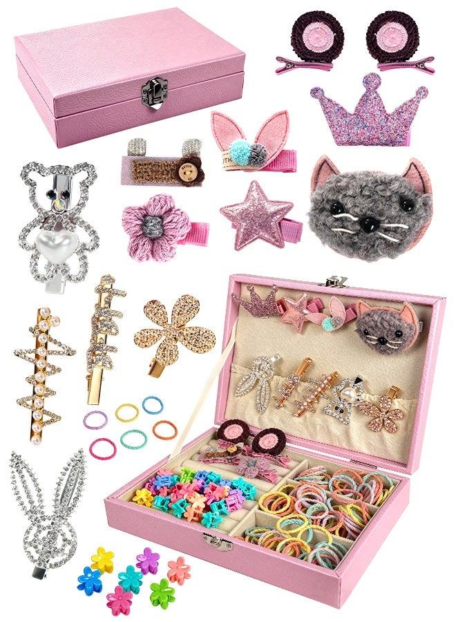 SOOO GOOD 142Pcs Girls Hair Accessories Gift Set, Cat Cute Hair Clips, Elastic Hair Bands and Bows with Leather Organizer Box, Suitable for Daily Hair Styling, Ideal Gifts for Girls Aged 3-16 - Image 1