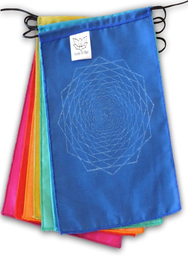 Hands Of Tibet Sacred Geometry Rainbow Prayer Flags Positive Energy Shri Yantra, flower of life, seed of life, (6X8 multi) Our flags are hand printed and stitched by a Balinese family in indonesia - Image 2