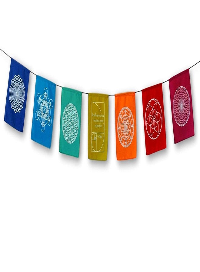 Hands Of Tibet Sacred Geometry Rainbow Prayer Flags Positive Energy Shri Yantra, flower of life, seed of life, (6X8 multi) Our flags are hand printed and stitched by a Balinese family in indonesia - Image 1